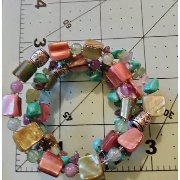 Shell Turquoise Bead Wrap Bracelet Beaded Adjustable Colorful Beachy Coastal - Picture 4 of 6